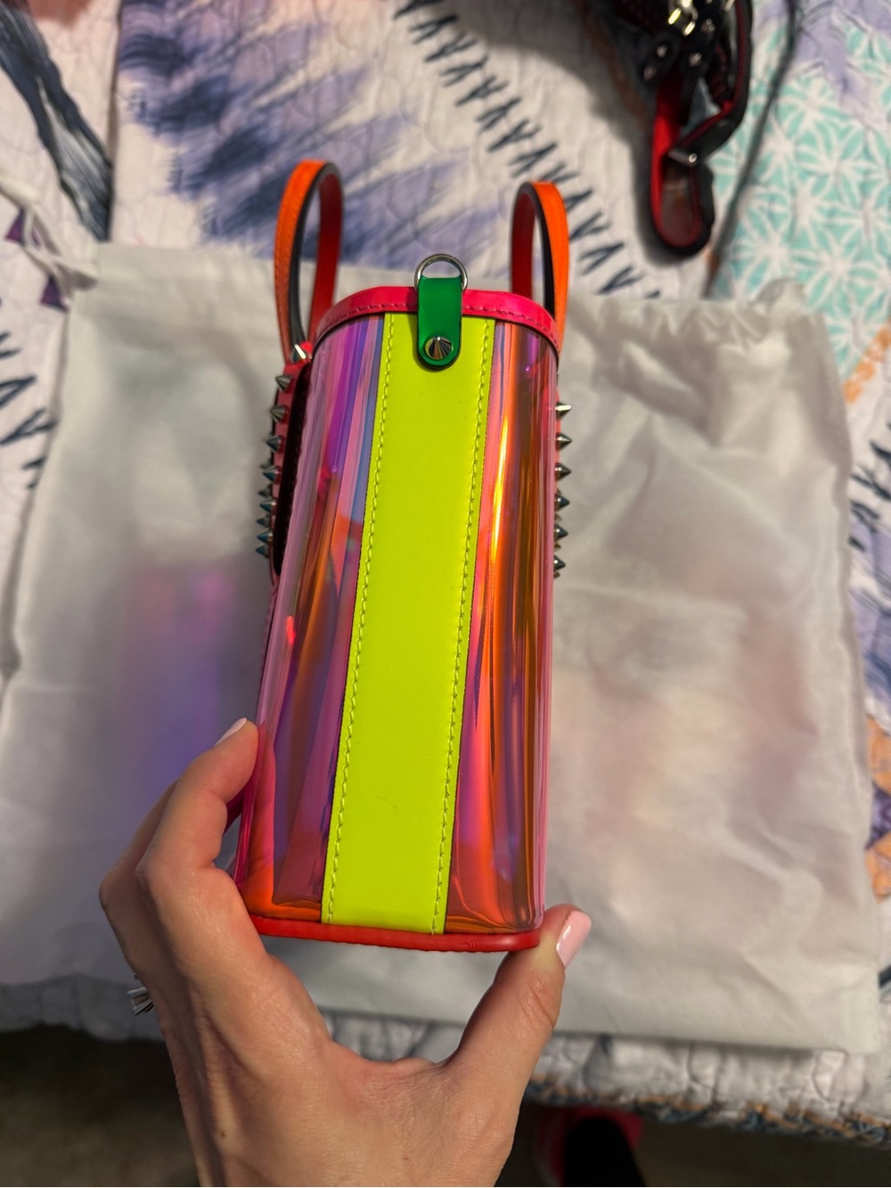 Christian Louboutin Iridescent Pink and Orange Tote with Studded Trim - Picture 4 of 14